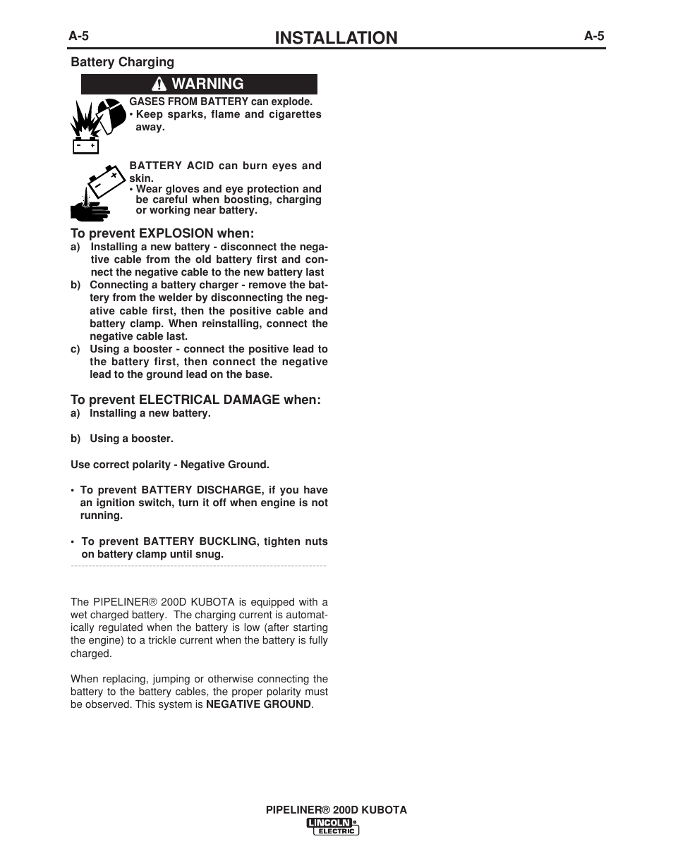 Installation, Warning | Lincoln Electric IM965 PIPELINER 200D KUBOTA User Manual | Page 12 / 36