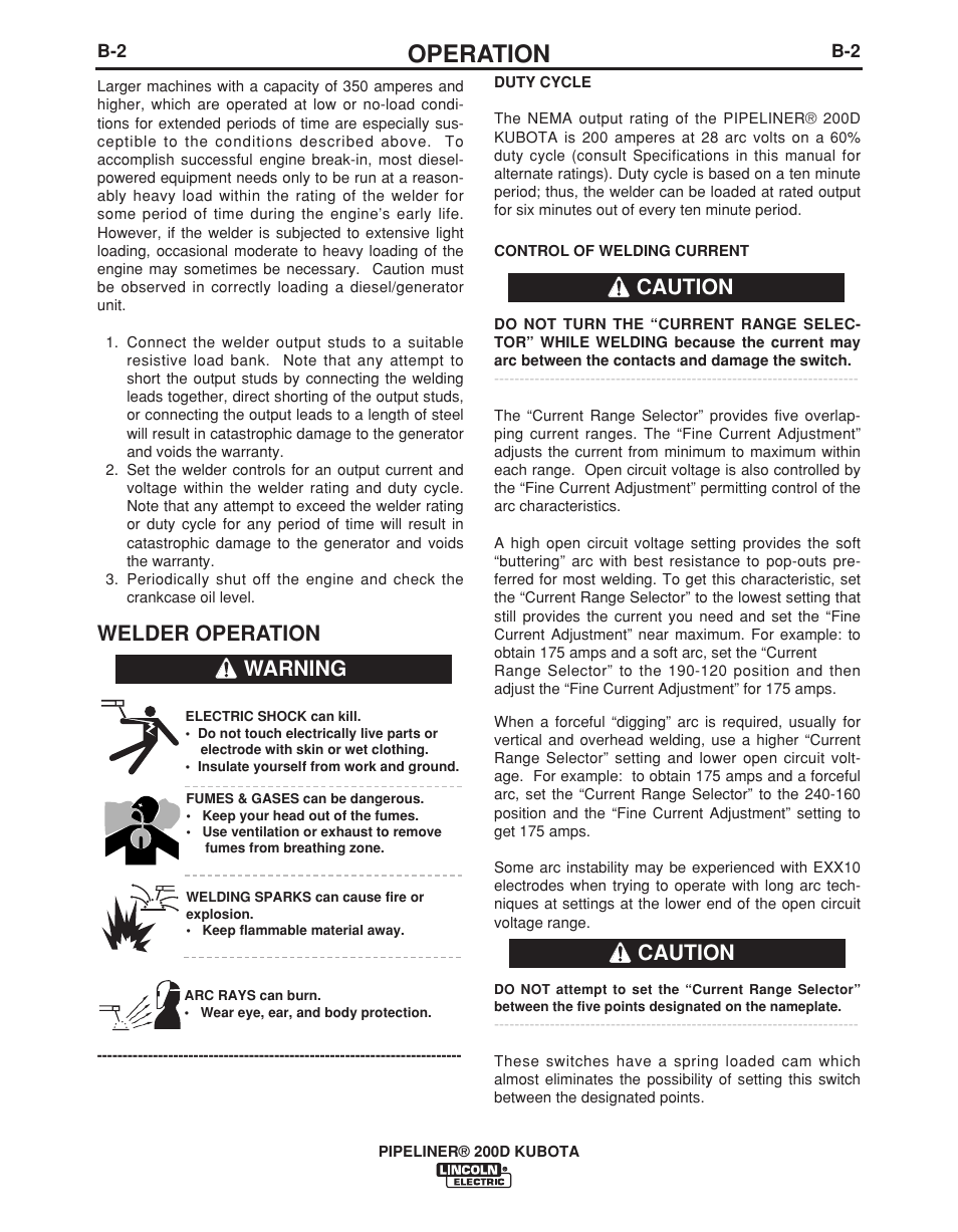 Operation, Welder operation, Warning caution caution | Lincoln Electric IM965 PIPELINER 200D KUBOTA User Manual | Page 14 / 36