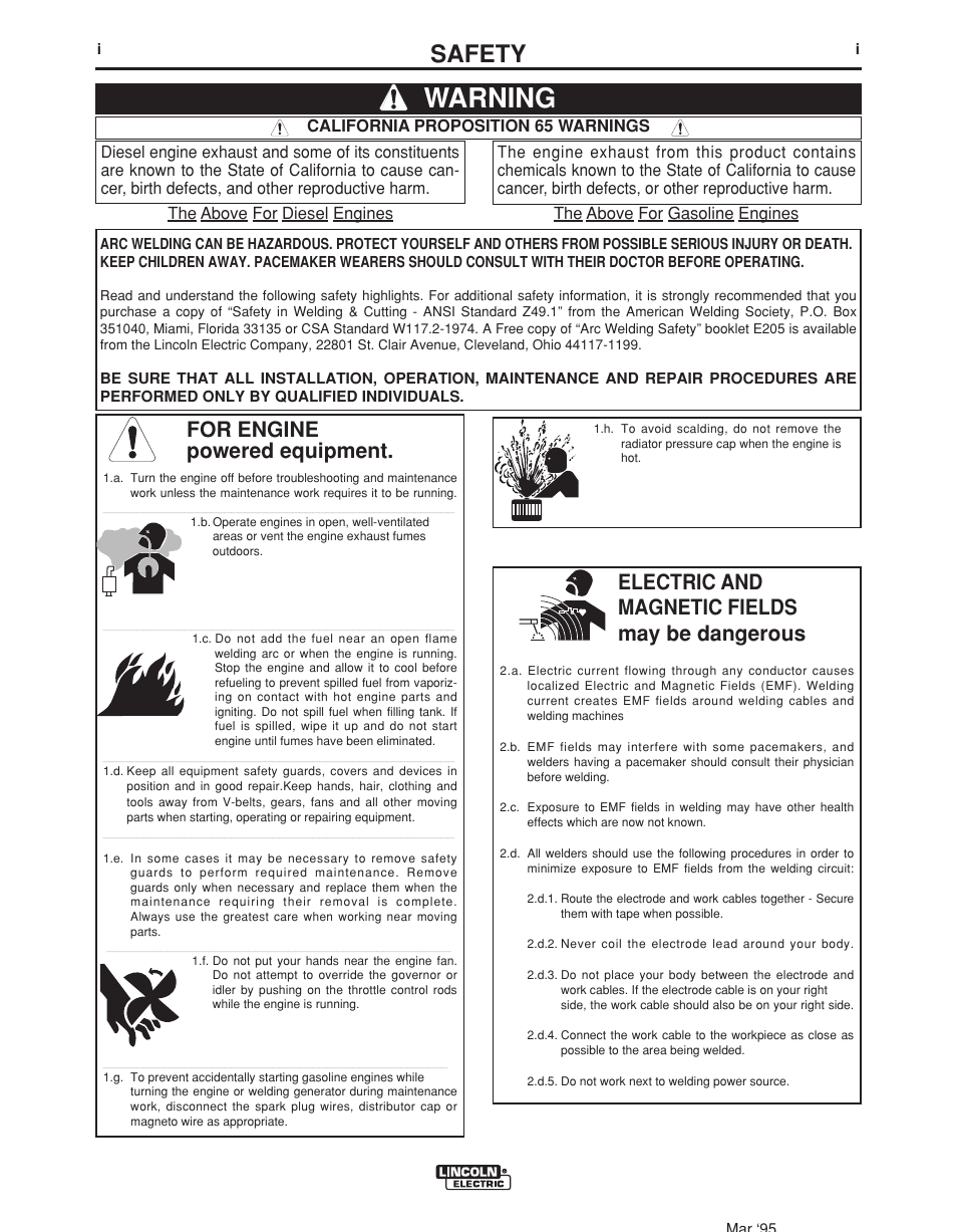 Warning, Safety, For engine powered equipment | Electric and magnetic fields may be dangerous | Lincoln Electric IM965 PIPELINER 200D KUBOTA User Manual | Page 2 / 36