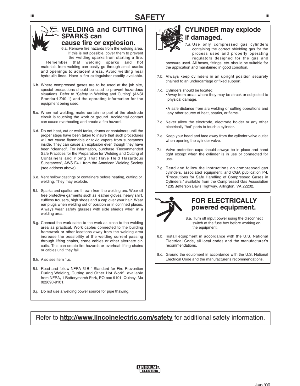 Safety, For electrically powered equipment, Cylinder may explode if damaged | Lincoln Electric IM965 PIPELINER 200D KUBOTA User Manual | Page 4 / 36