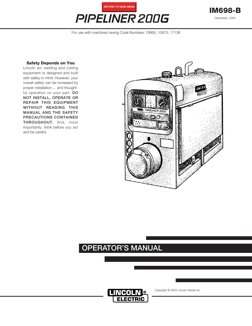 Lincoln Electric IM698 PIPELINER 200G User Manual | 34 pages