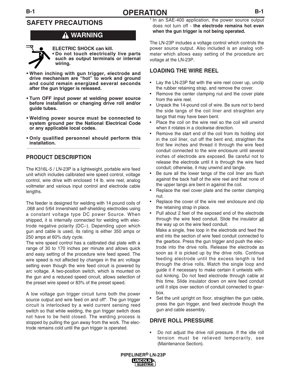 Operation, Safety precautions, Warning | Lincoln Electric IM867 PIPELINER LN-23P User Manual | Page 11 / 28