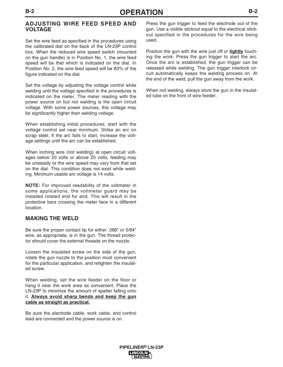 Operation | Lincoln Electric IM867 PIPELINER LN-23P User Manual | Page 12 / 28