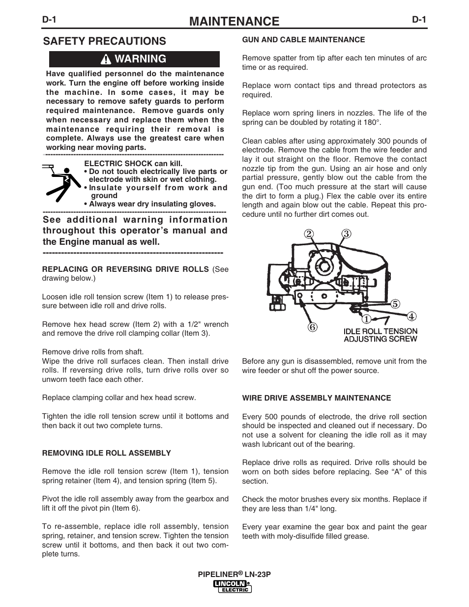 Maintenance, Safety precautions, Warning | Lincoln Electric IM867 PIPELINER LN-23P User Manual | Page 14 / 28