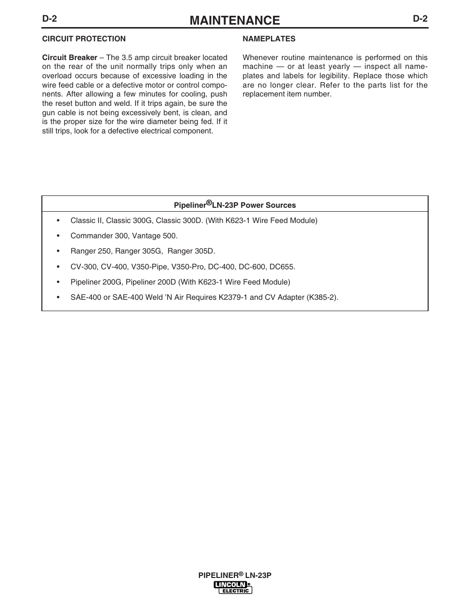 Maintenance | Lincoln Electric IM867 PIPELINER LN-23P User Manual | Page 15 / 28