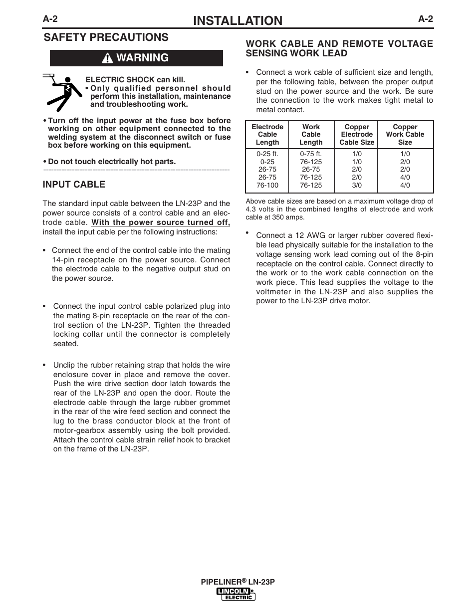 Installation, Safety precautions, Warning | Lincoln Electric IM867 PIPELINER LN-23P User Manual | Page 9 / 28