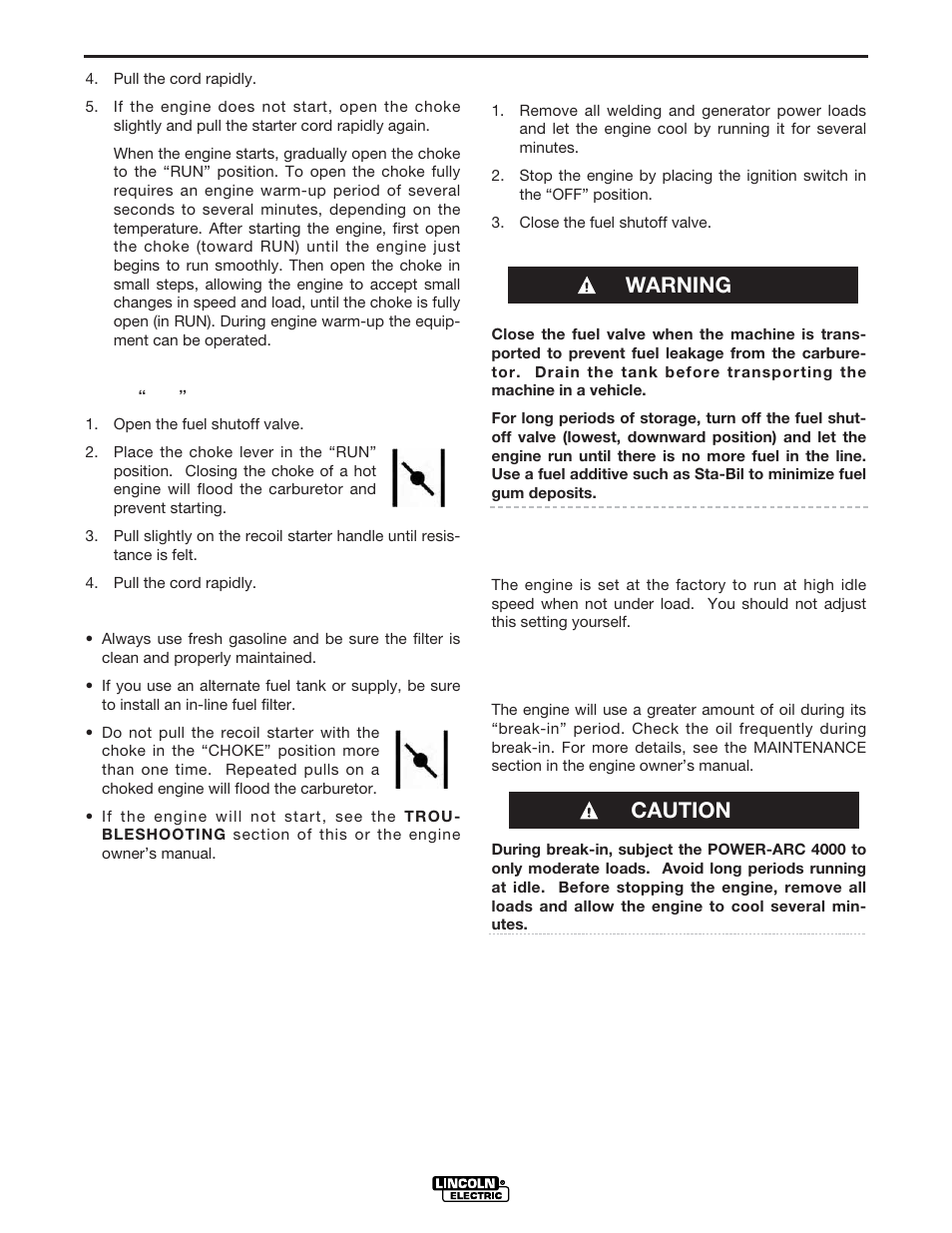 Operation, Warning caution | Lincoln Electric IM488 POWER-ARC 4000 User Manual | Page 21 / 52