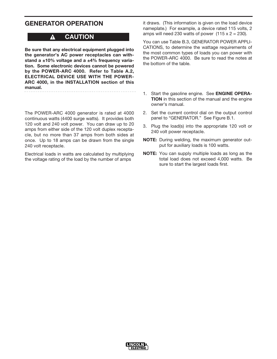 Operation, Generator operation, Caution | Lincoln Electric IM488 POWER-ARC 4000 User Manual | Page 22 / 52