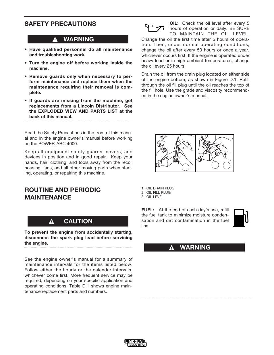 Maintenance, Safety precautions, Routine and periodic maintenance | Warning, Warning caution | Lincoln Electric IM488 POWER-ARC 4000 User Manual | Page 36 / 52