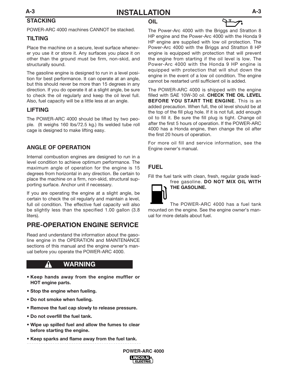 Installation, Pre-operation engine service, Warning | Lincoln Electric IM751 POWER-ARC 4000 User Manual | Page 10 / 50