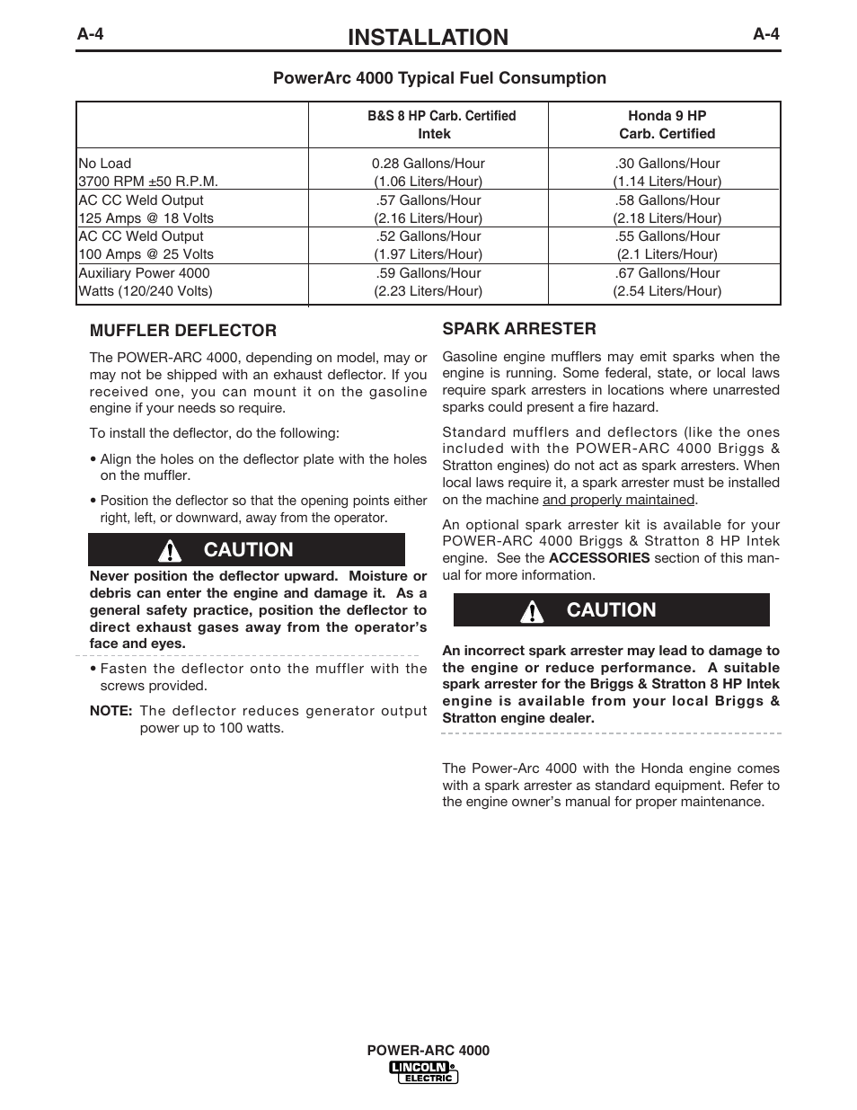 Installation, Caution | Lincoln Electric IM751 POWER-ARC 4000 User Manual | Page 11 / 50