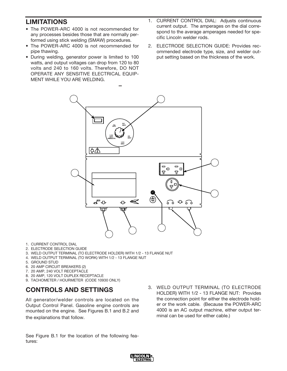 Operation, Limitations, Controls and settings | Generator/welder controls, Figure b.1 – output panel controls, Power arc 4000 | Lincoln Electric IM751 POWER-ARC 4000 User Manual | Page 17 / 50