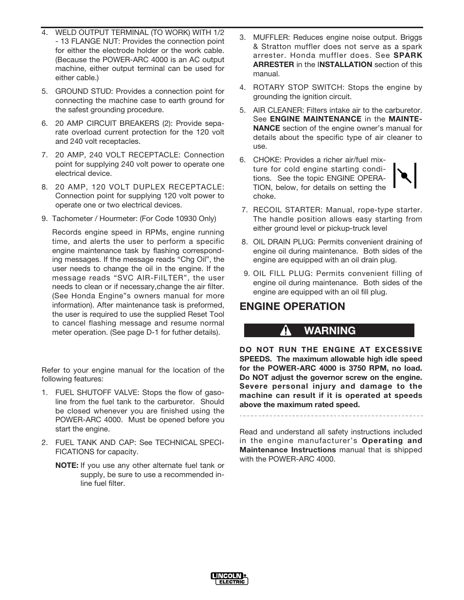 Operation, Engine operation, Warning | Lincoln Electric IM751 POWER-ARC 4000 User Manual | Page 18 / 50