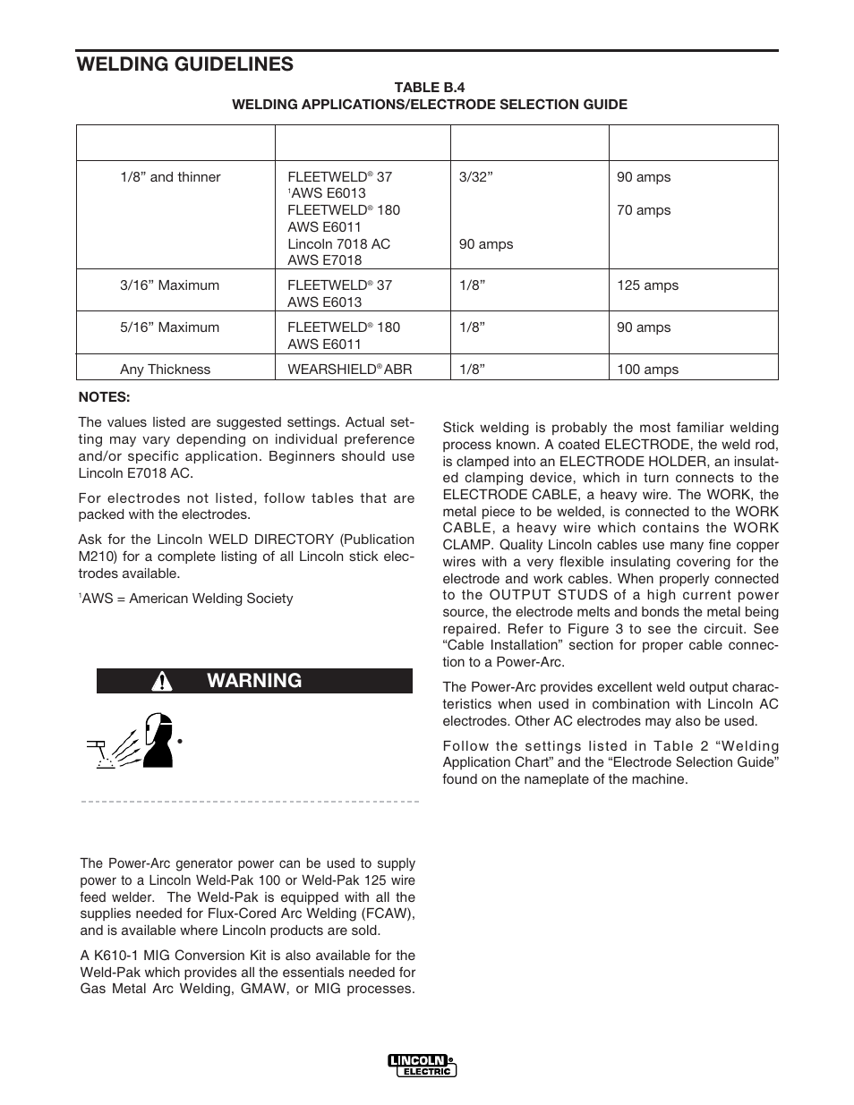 Operation, Stick welding, Welding guidelines | Learning to stick weld, Warning | Lincoln Electric IM751 POWER-ARC 4000 User Manual | Page 23 / 50