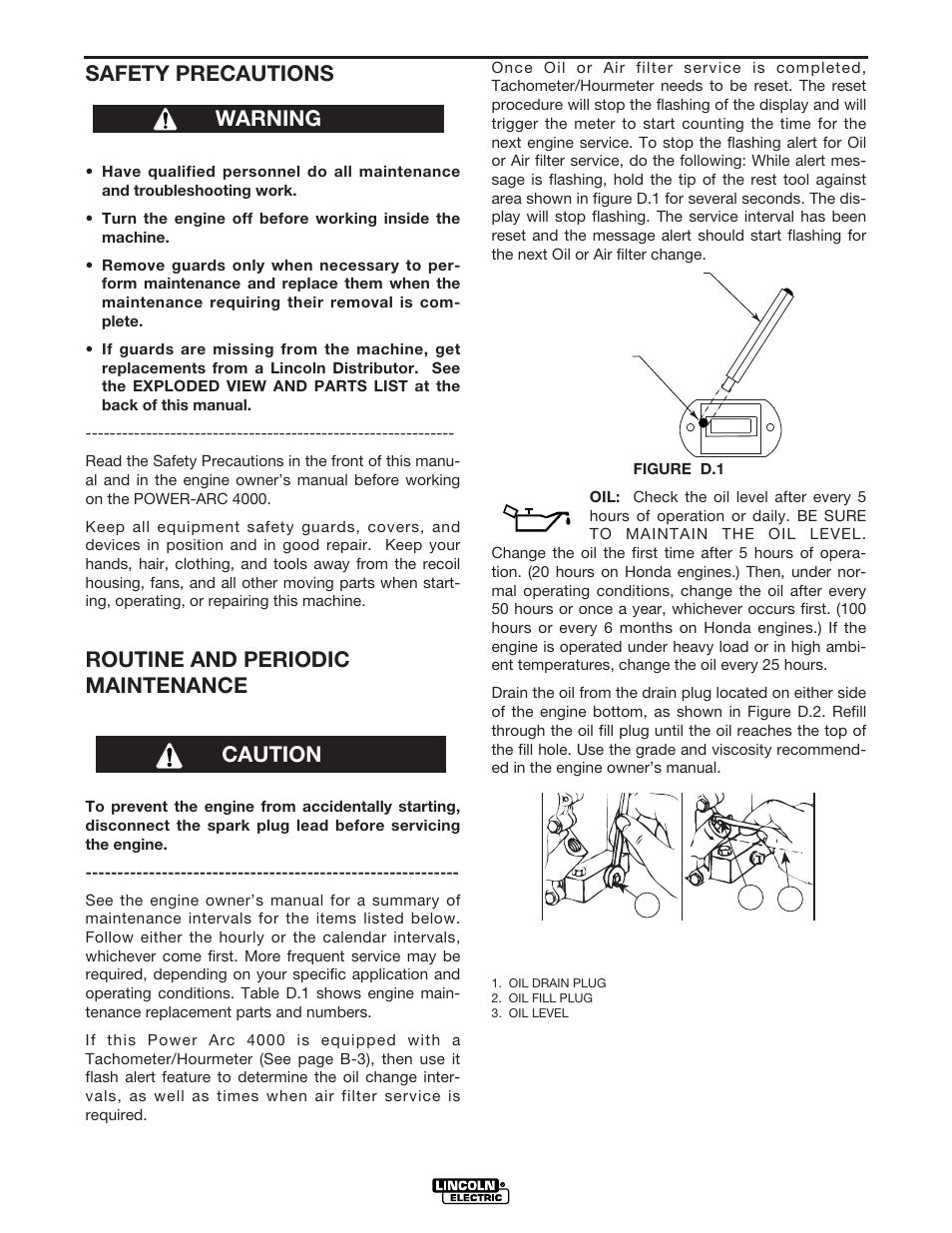 Maintenance, Safety precautions, Routine and periodic maintenance | Caution, Warning | Lincoln Electric IM751 POWER-ARC 4000 User Manual | Page 33 / 50