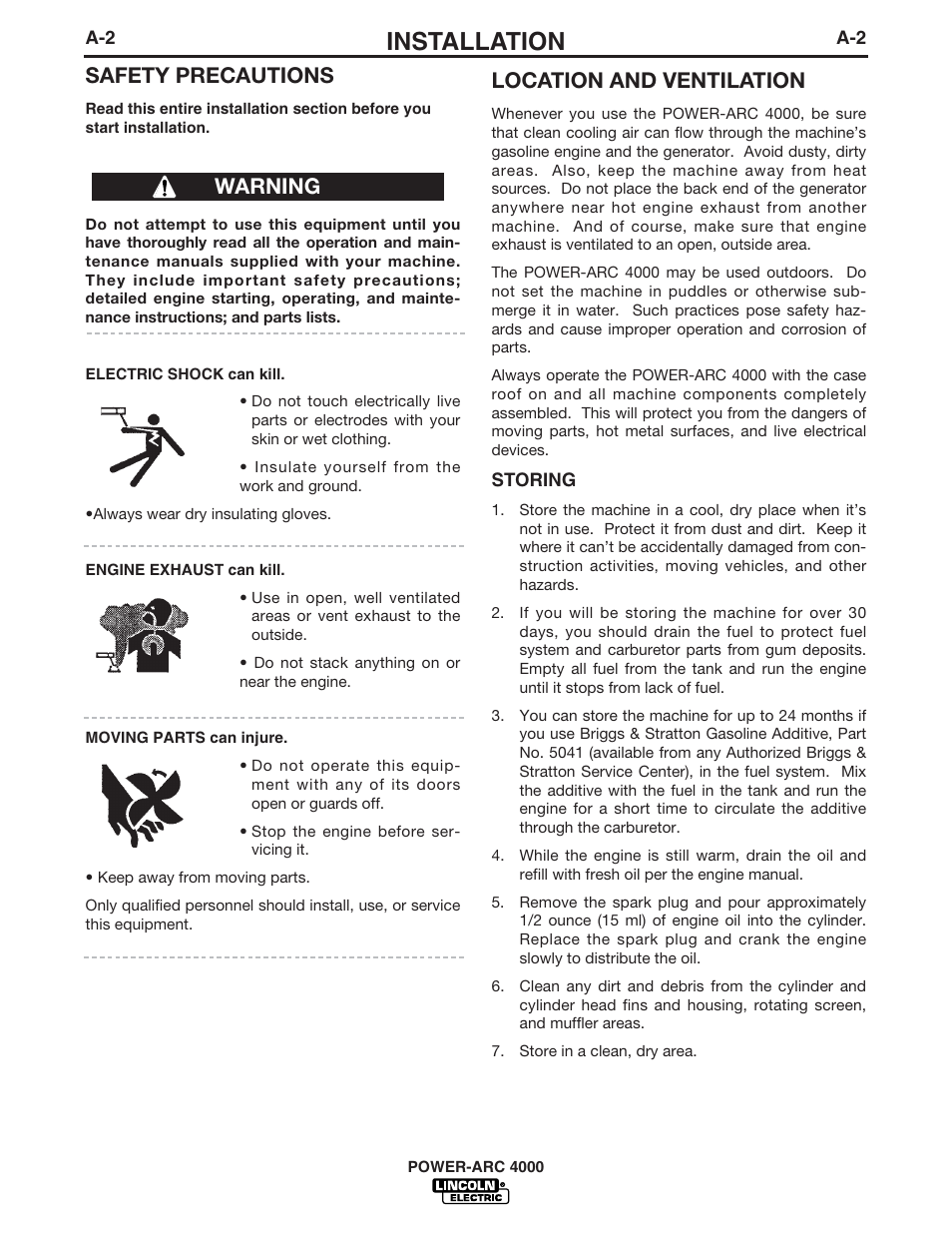 Installation, Safety precautions, Location and ventilation | Warning | Lincoln Electric IM751 POWER-ARC 4000 User Manual | Page 9 / 50