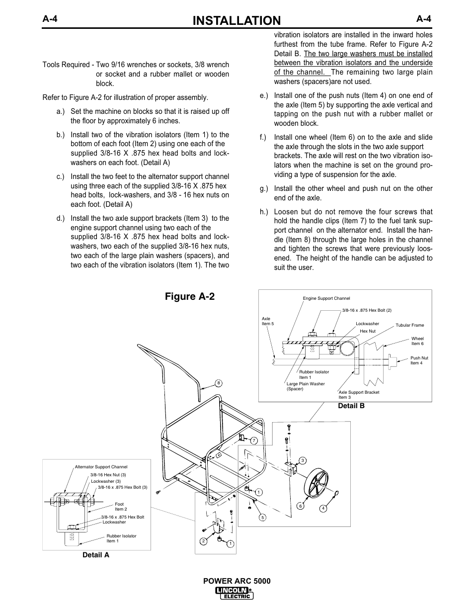 Installation, Assembly of wheels and handle to the tube frame, Figure a-2 | Lincoln Electric IM560 POWER-ARC 5000 User Manual | Page 11 / 50