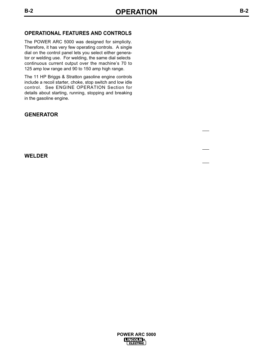 Operation, Recommended applications, Welding capability | Limitations | Lincoln Electric IM560 POWER-ARC 5000 User Manual | Page 18 / 50