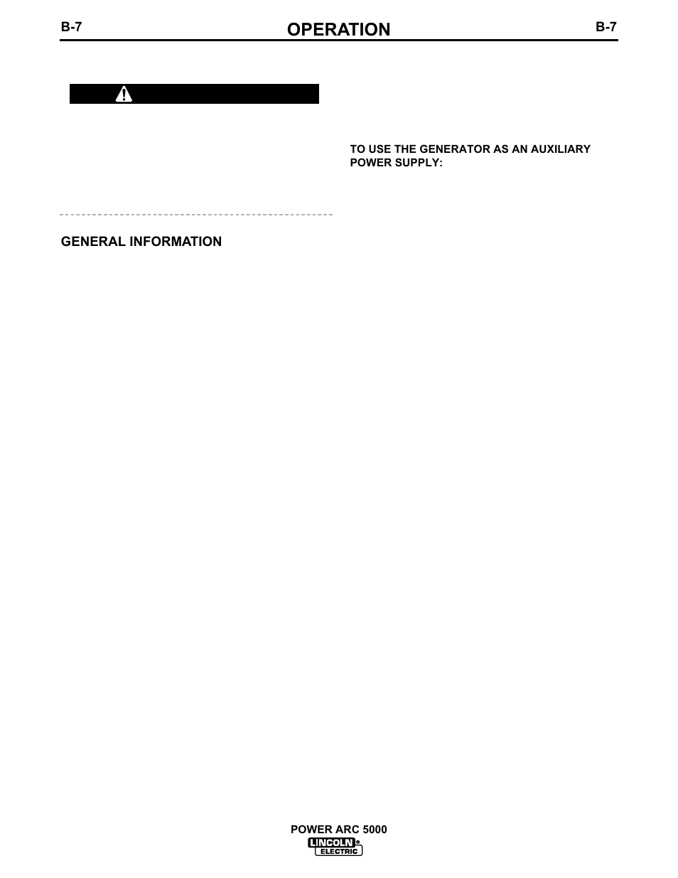 Operation, Generator operation, Caution | Lincoln Electric IM560 POWER-ARC 5000 User Manual | Page 23 / 50