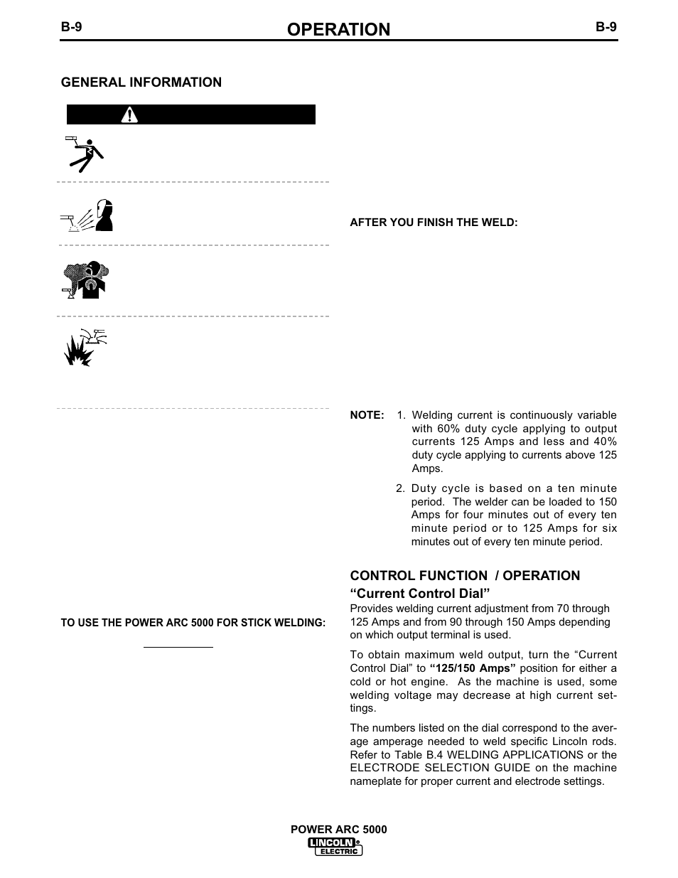 Operation, Welding operation, Warning | Lincoln Electric IM560 POWER-ARC 5000 User Manual | Page 25 / 50