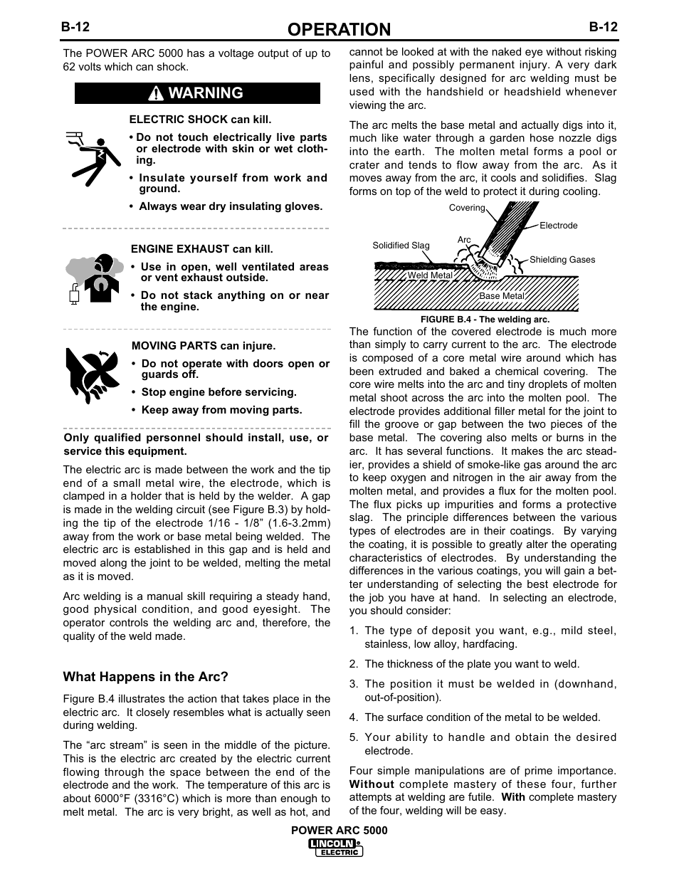 Operation, Warning | Lincoln Electric IM560 POWER-ARC 5000 User Manual | Page 28 / 50