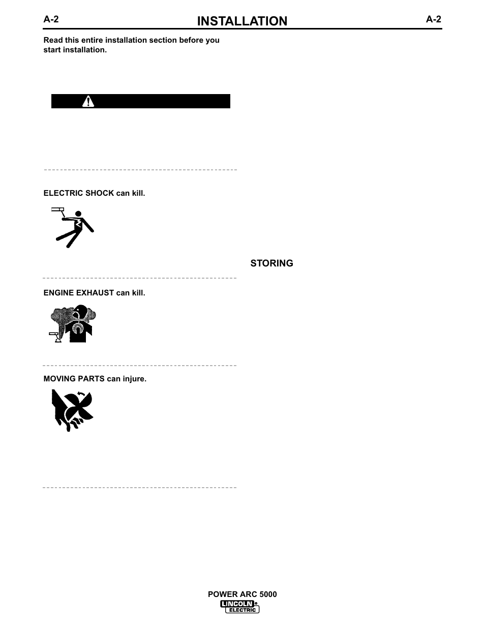 Installation, Safety precautions, Location and ventilation | Warning | Lincoln Electric IM560 POWER-ARC 5000 User Manual | Page 9 / 50