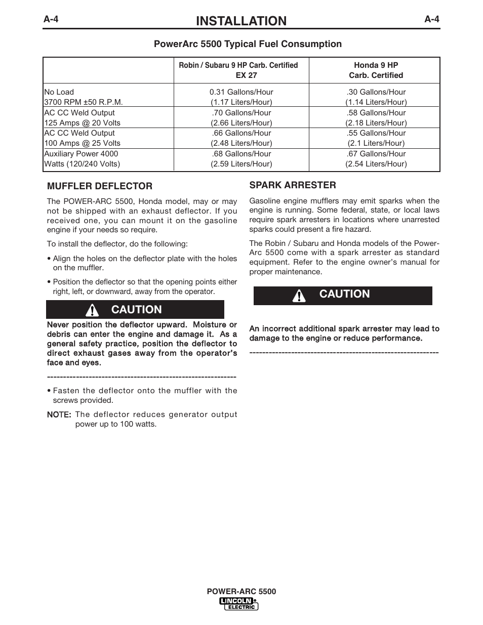 Installation, Caution | Lincoln Electric IM871 POWER-ARC 5500 User Manual | Page 11 / 50