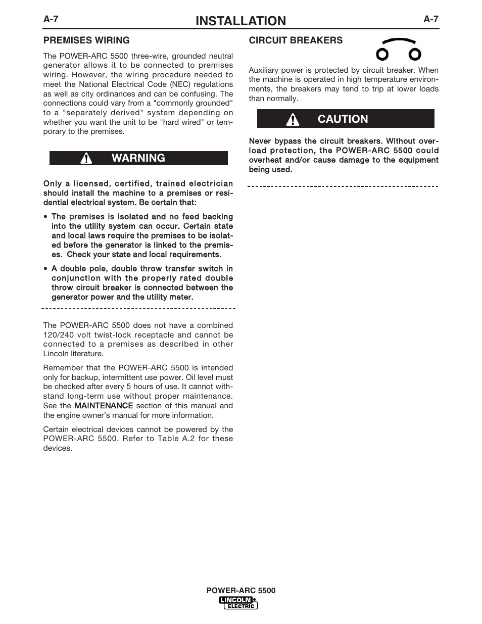 Installation, Caution warning | Lincoln Electric IM871 POWER-ARC 5500 User Manual | Page 14 / 50