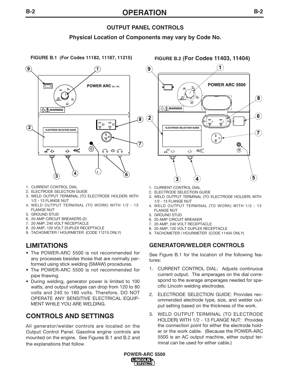 Operation, Limitations, Controls and settings | Generator/welder controls, Power arc 5500 | Lincoln Electric IM871 POWER-ARC 5500 User Manual | Page 17 / 50