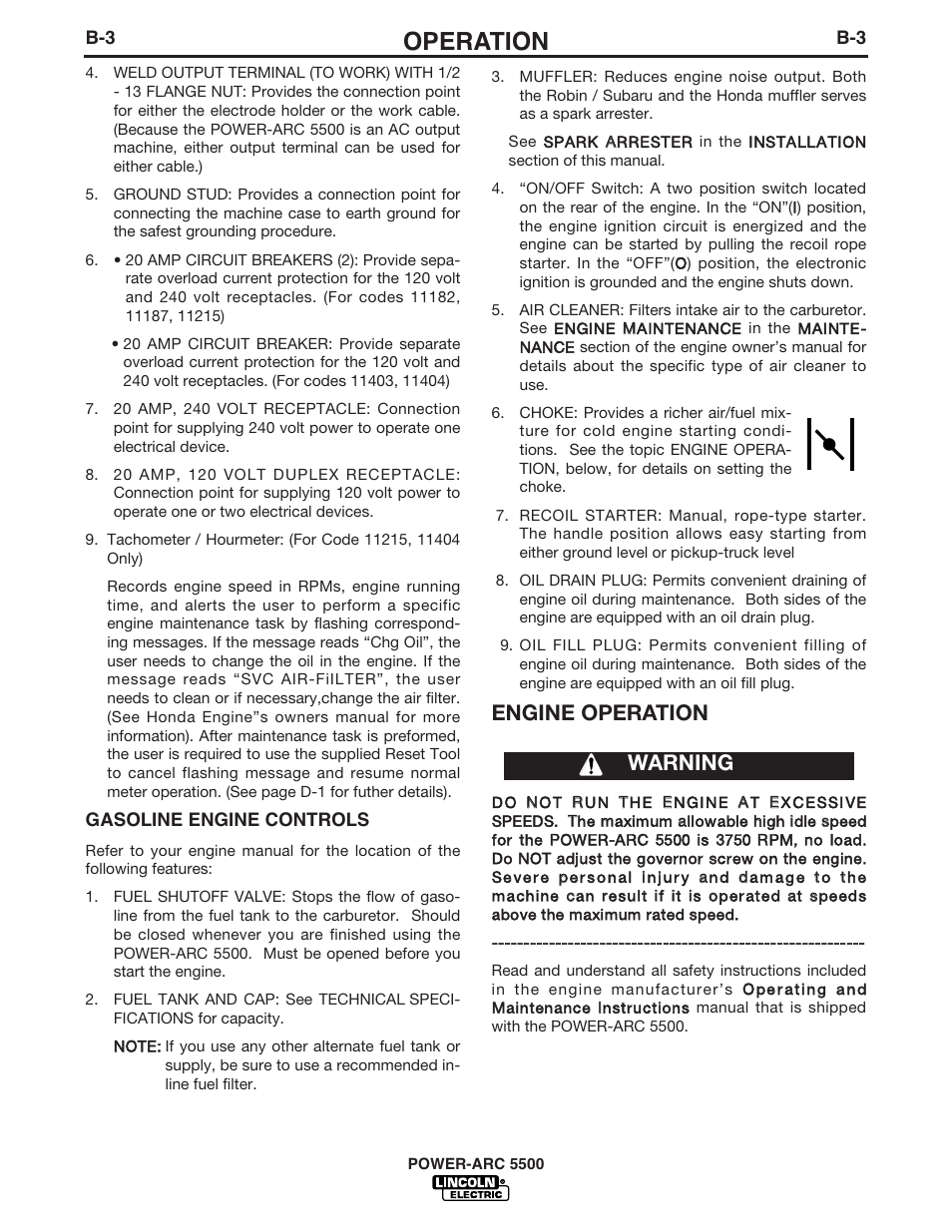 Operation, Engine operation, Warning | Lincoln Electric IM871 POWER-ARC 5500 User Manual | Page 18 / 50