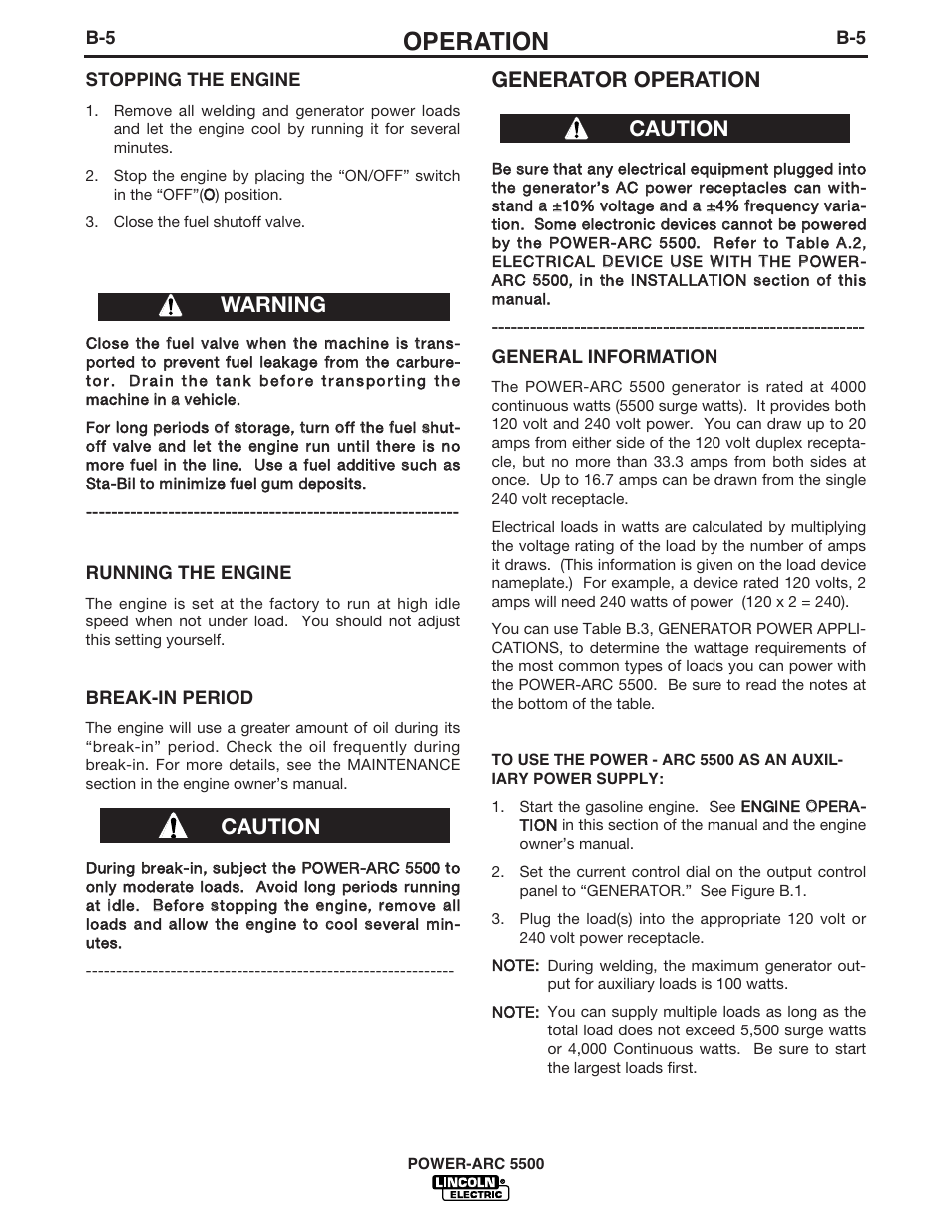 Operation, Generator operation, Caution | Caution warning | Lincoln Electric IM871 POWER-ARC 5500 User Manual | Page 20 / 50