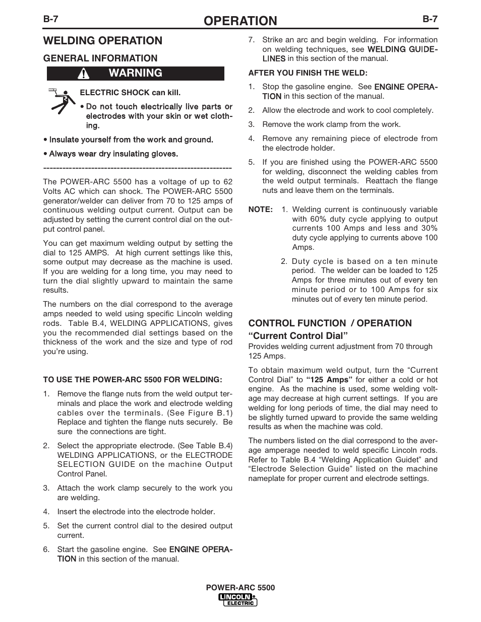 Operation, Welding operation, Warning | Lincoln Electric IM871 POWER-ARC 5500 User Manual | Page 22 / 50