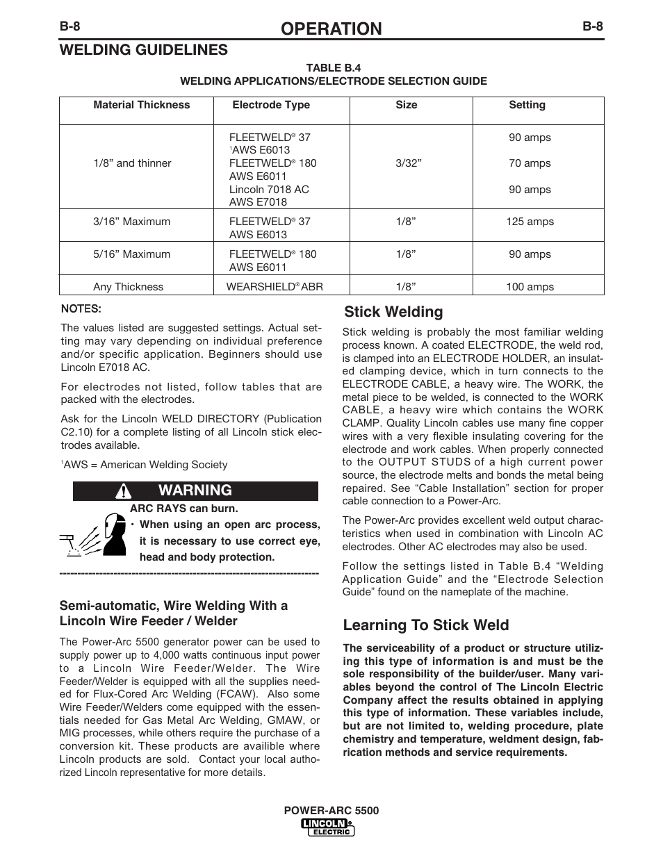 Operation, Stick welding, Welding guidelines | Learning to stick weld, Warning | Lincoln Electric IM871 POWER-ARC 5500 User Manual | Page 23 / 50