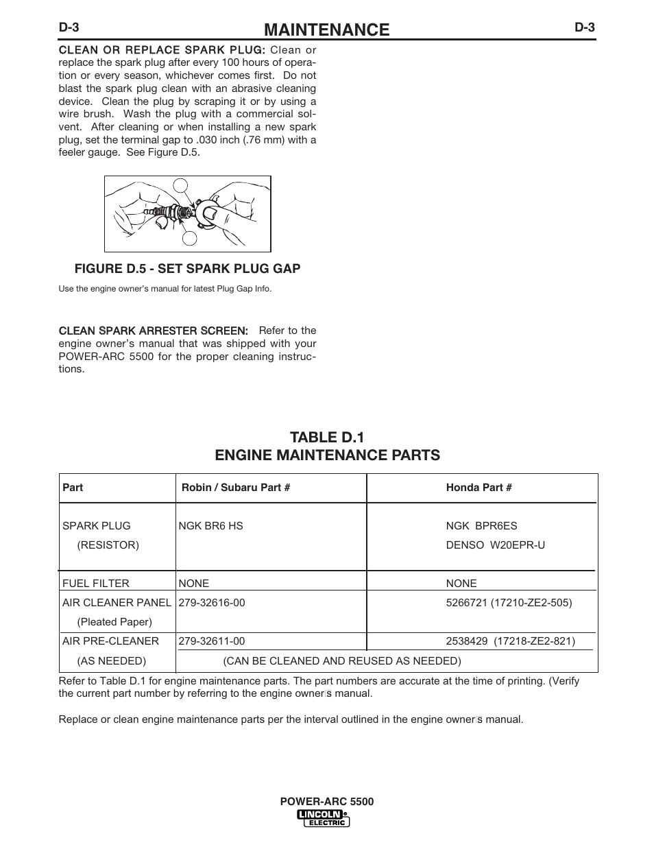 Maintenance, Table d.1 engine maintenance parts | Lincoln Electric IM871 POWER-ARC 5500 User Manual | Page 35 / 50