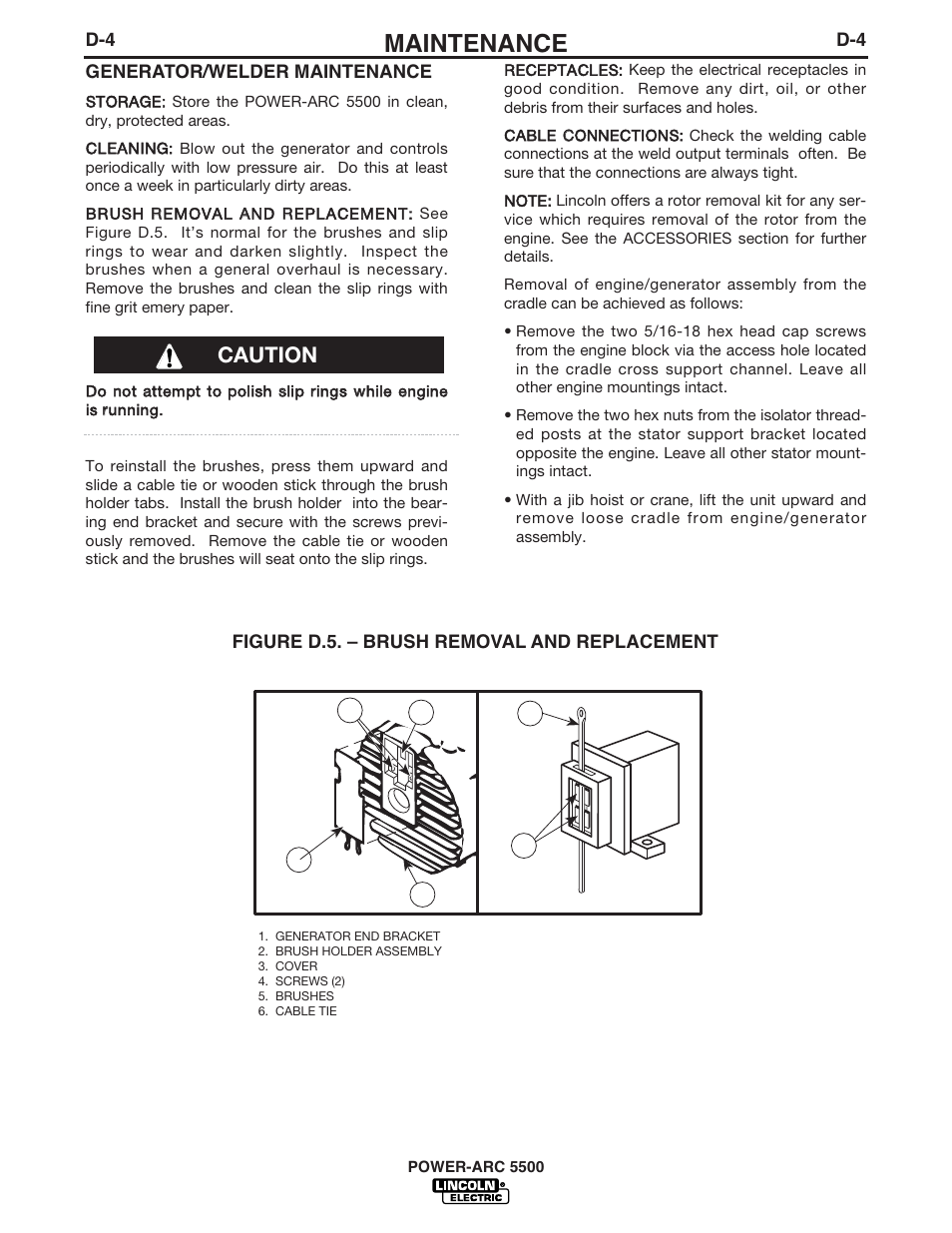 Maintenance, Caution | Lincoln Electric IM871 POWER-ARC 5500 User Manual | Page 36 / 50