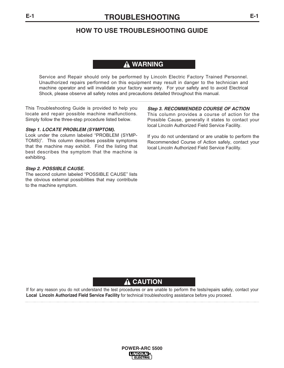 Troubleshooting, Caution, How to use troubleshooting guide | Warning | Lincoln Electric IM871 POWER-ARC 5500 User Manual | Page 38 / 50