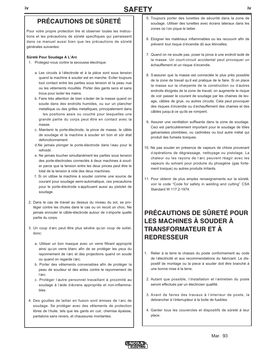 Safety, Précautions de sûreté | Lincoln Electric IM871 POWER-ARC 5500 User Manual | Page 5 / 50