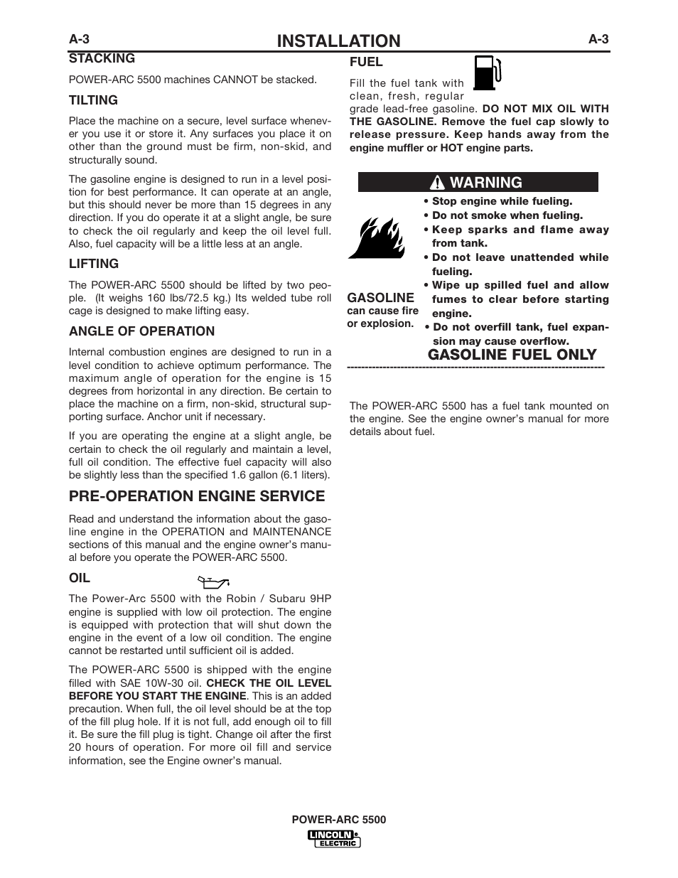 Installation, Pre-operation engine service, Gasoline fuel only | Warning | Lincoln Electric IM900 POWER-ARC 5500 User Manual | Page 10 / 47