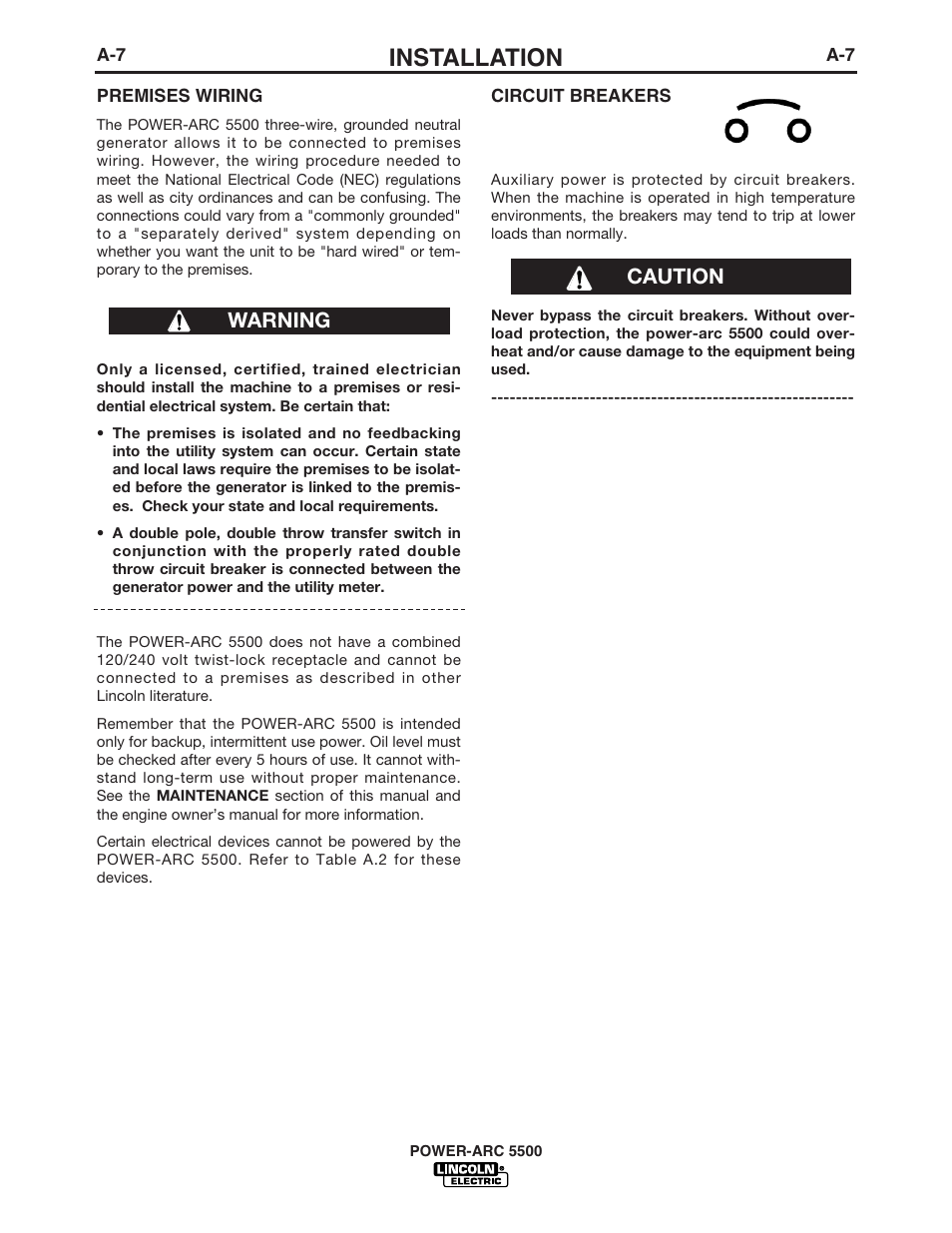 Installation, Caution warning | Lincoln Electric IM900 POWER-ARC 5500 User Manual | Page 14 / 47