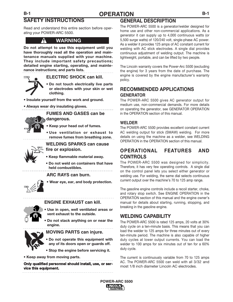 Operation, Safety instructions, General description | Recommended applications, Operational features and controls, Welding capability, Warning | Lincoln Electric IM900 POWER-ARC 5500 User Manual | Page 16 / 47