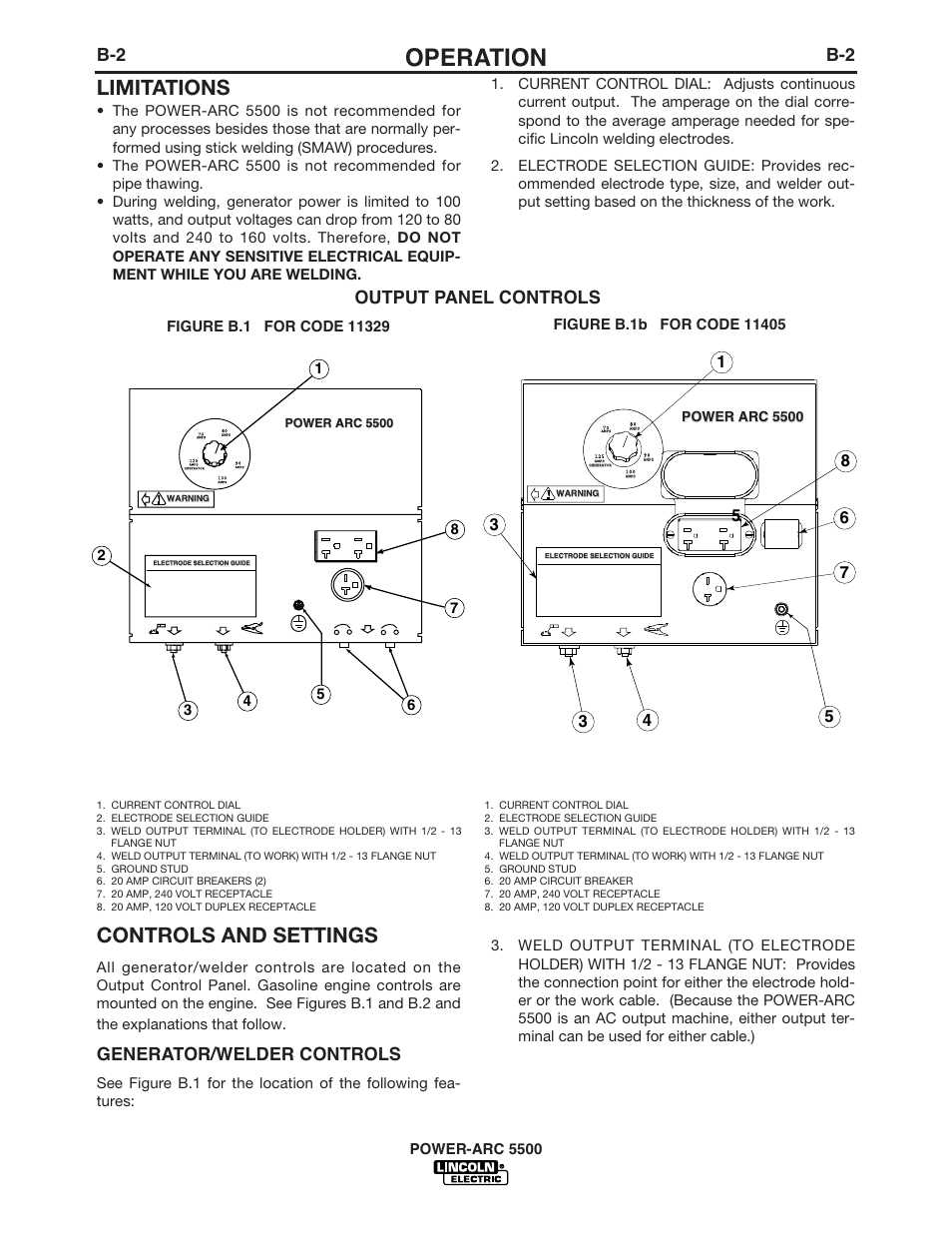 Operation, Limitations, Controls and settings | Generator/welder controls, Output panel controls | Lincoln Electric IM900 POWER-ARC 5500 User Manual | Page 17 / 47