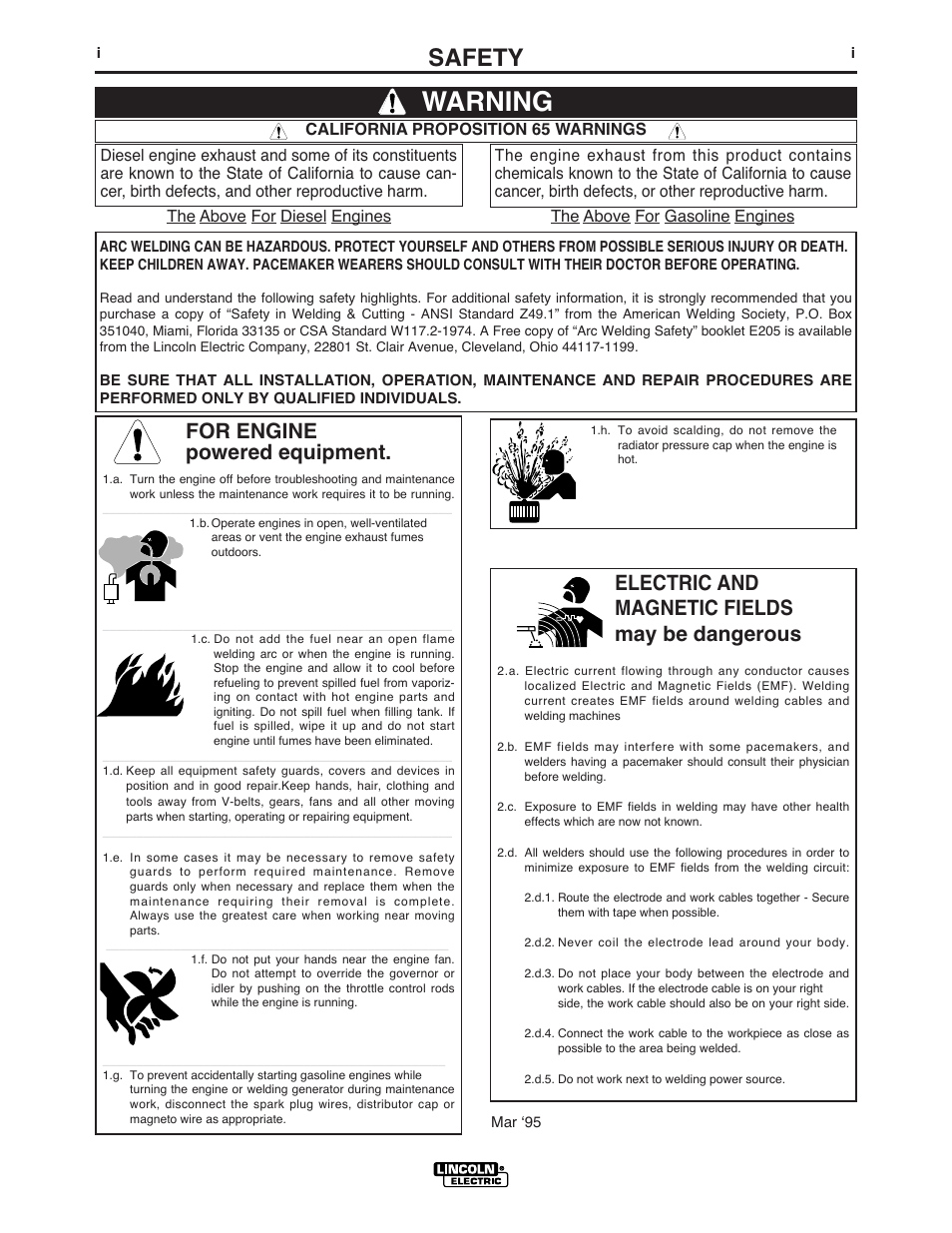 Warning, Safety, For engine powered equipment | Electric and magnetic fields may be dangerous | Lincoln Electric IM900 POWER-ARC 5500 User Manual | Page 2 / 47