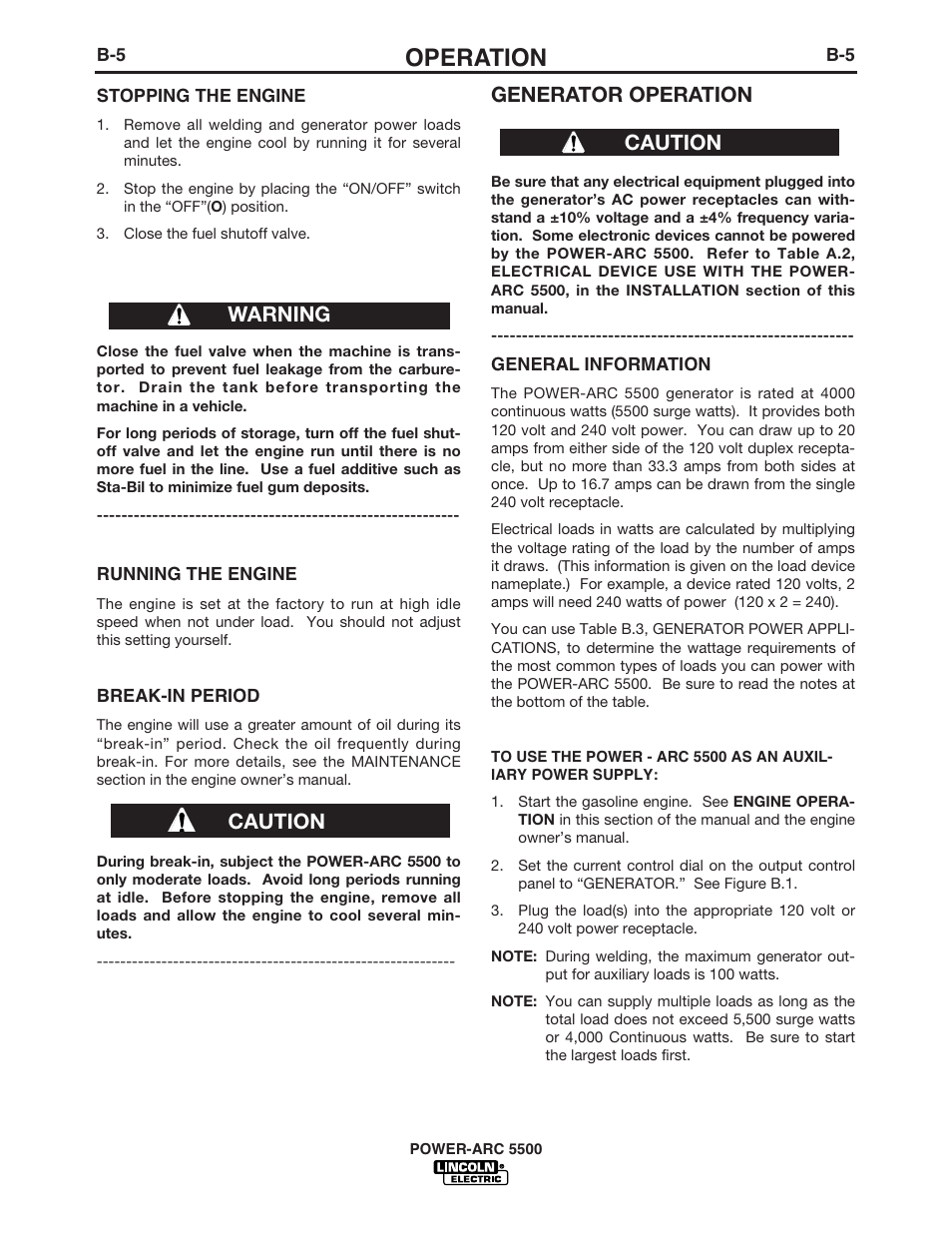 Operation, Generator operation, Caution | Caution warning | Lincoln Electric IM900 POWER-ARC 5500 User Manual | Page 20 / 47