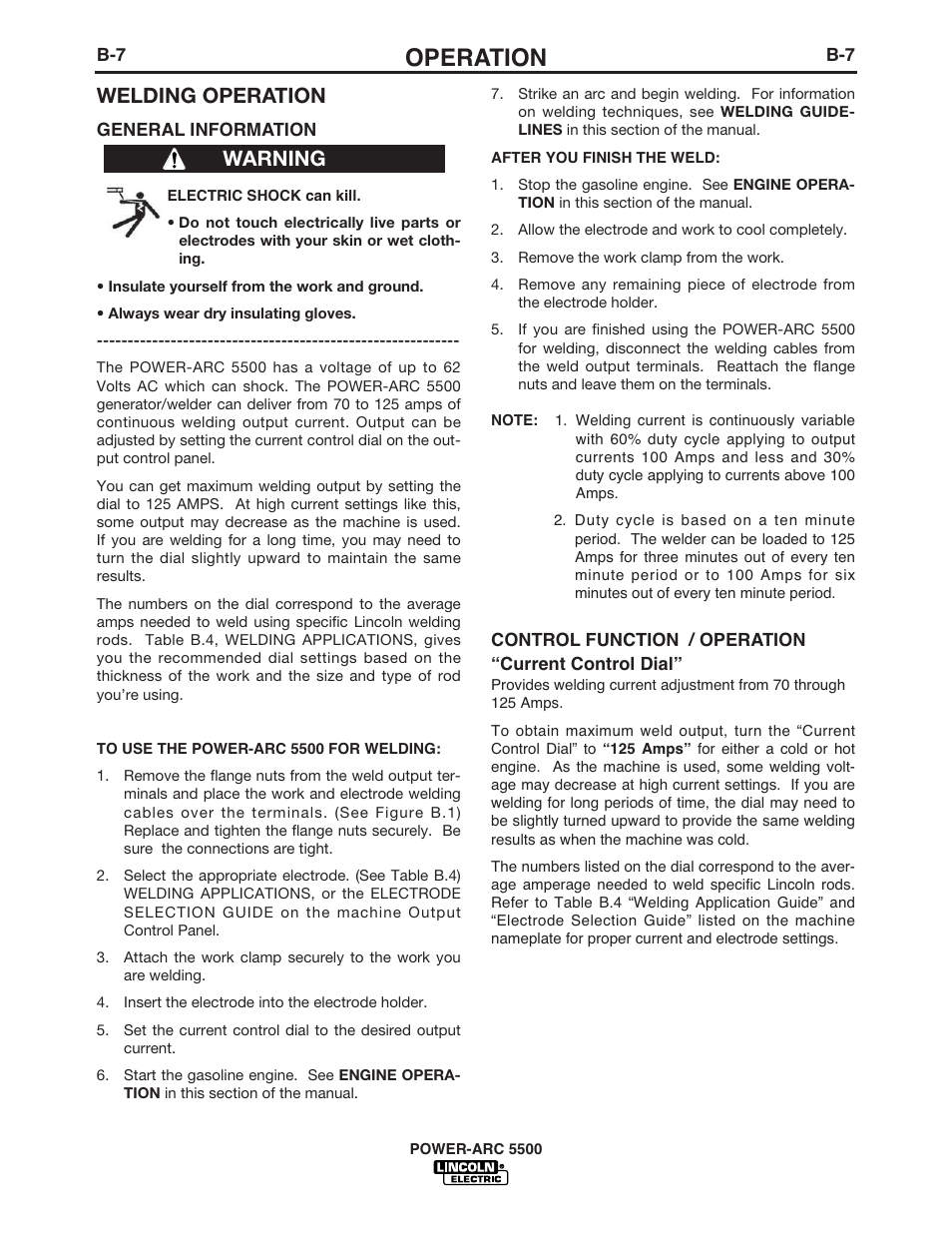 Operation, Welding operation, Warning | Lincoln Electric IM900 POWER-ARC 5500 User Manual | Page 22 / 47