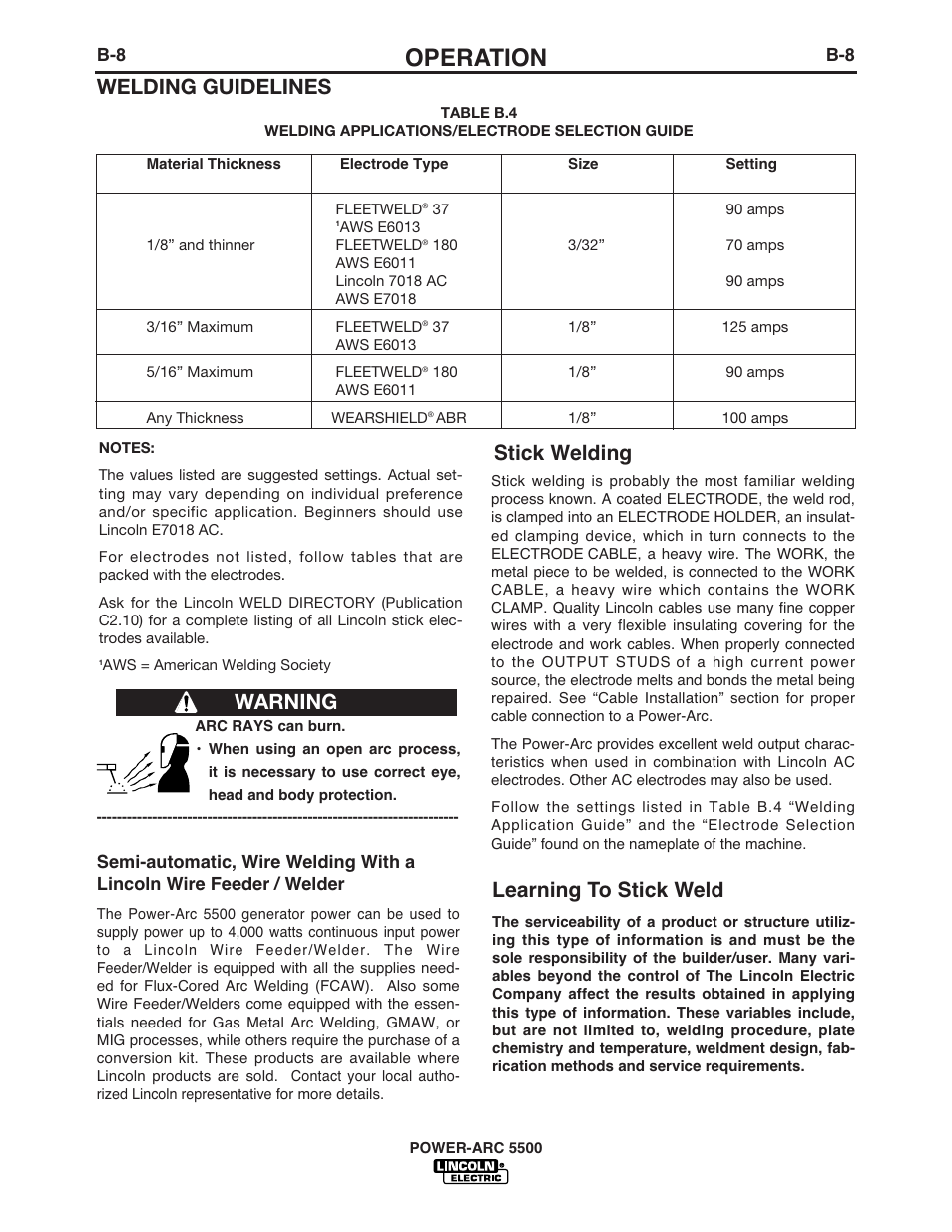 Operation, Stick welding, Welding guidelines | Learning to stick weld, Warning | Lincoln Electric IM900 POWER-ARC 5500 User Manual | Page 23 / 47