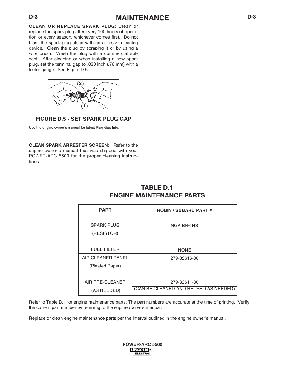 Maintenance, Table d.1 engine maintenance parts | Lincoln Electric IM900 POWER-ARC 5500 User Manual | Page 35 / 47