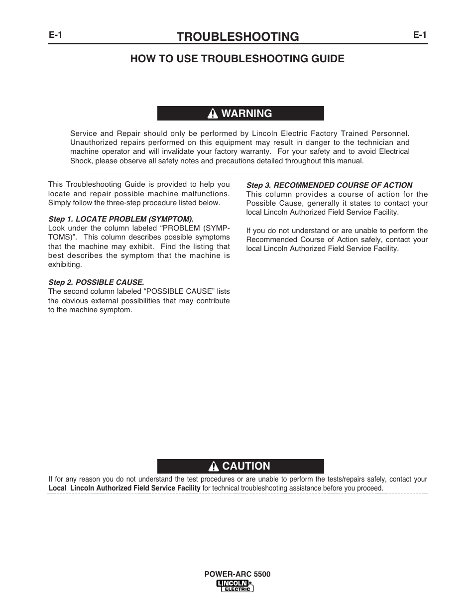 Troubleshooting, Caution, How to use troubleshooting guide | Warning | Lincoln Electric IM900 POWER-ARC 5500 User Manual | Page 38 / 47