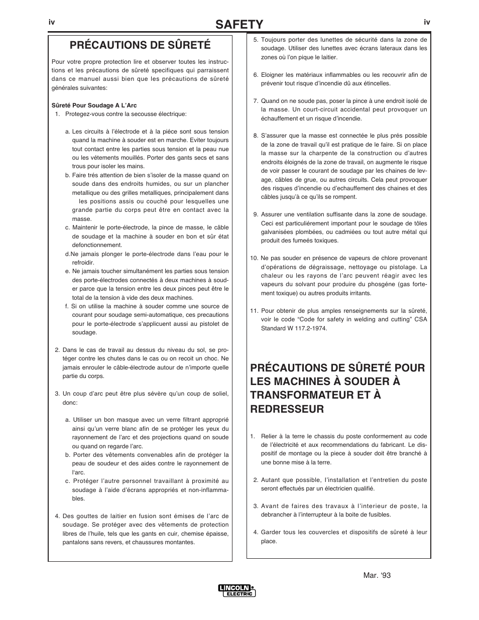 Safety, Précautions de sûreté | Lincoln Electric IM900 POWER-ARC 5500 User Manual | Page 5 / 47