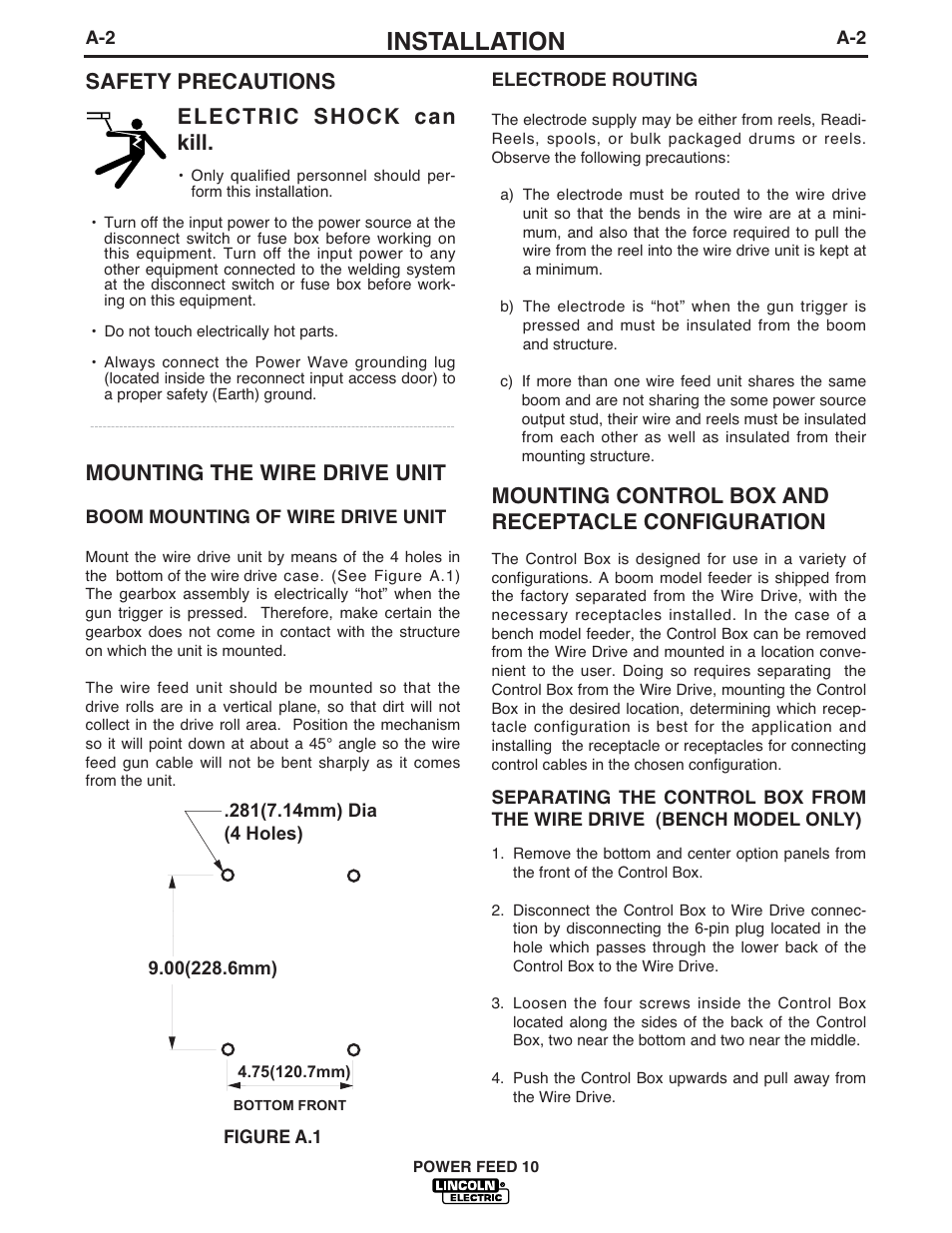 Installation, Safety precautions mounting the wire drive unit, Mounting control box and receptacle configuration | Electric shock can kill | Lincoln Electric IM584 Power Feed 10 Wire Drive & Control Box User Manual | Page 10 / 68
