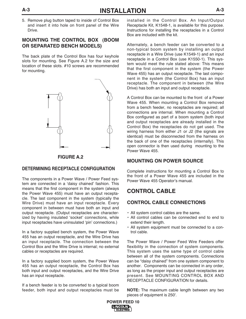 Installation, Control cable | Lincoln Electric IM584 Power Feed 10 Wire Drive & Control Box User Manual | Page 11 / 68